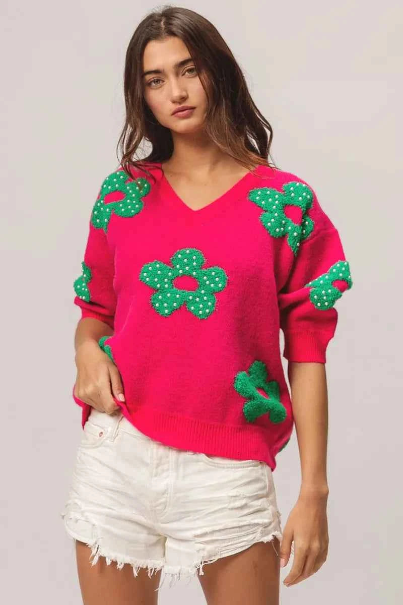 BiBi Pearl Beads Flowers Sweater Top BiBi Pearl Beads Flowers Sweater Top
