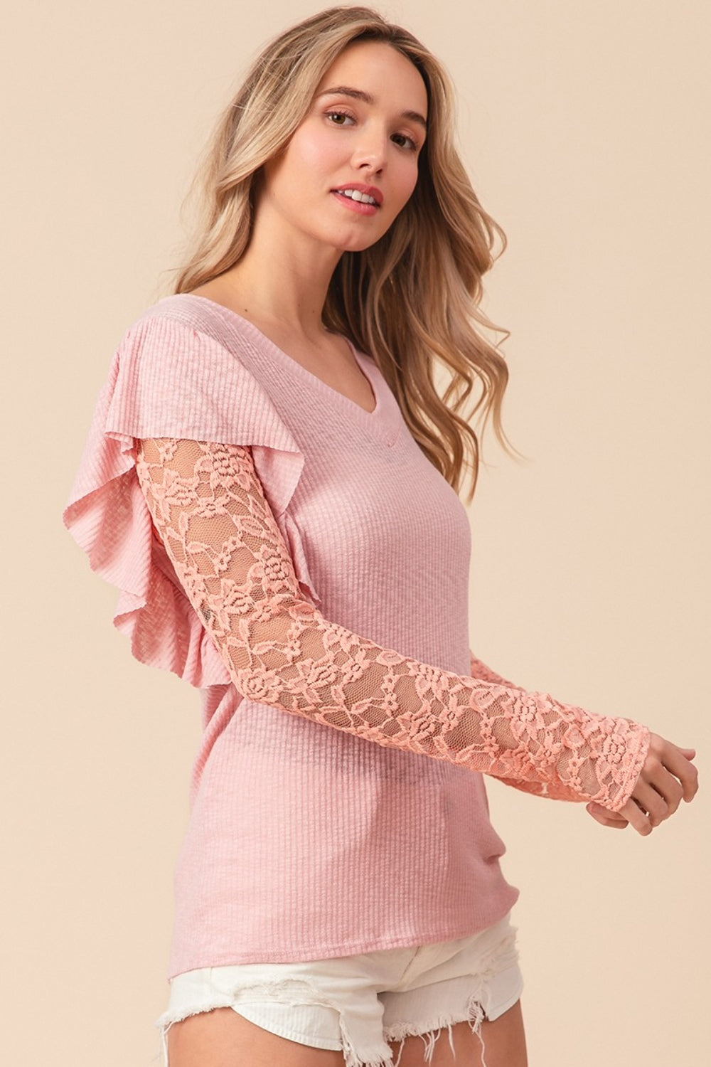 BiBi Ruffled Lace Sleeve Rib Knit Top BiBi Ruffled Lace Sleeve Rib Knit Top - TopFashionHQ
