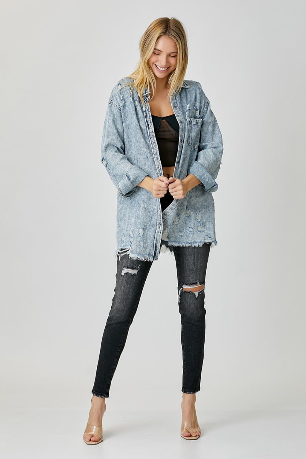 RISEN Distressed Raw Hem Denim Shirt RISEN Distressed Raw Hem Denim Shirt