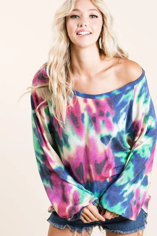 BiBi Tie Dye Print Terry Top with Puff Sleeves 83c96397a97345898f19820b75ad5c44-Max-Origin
