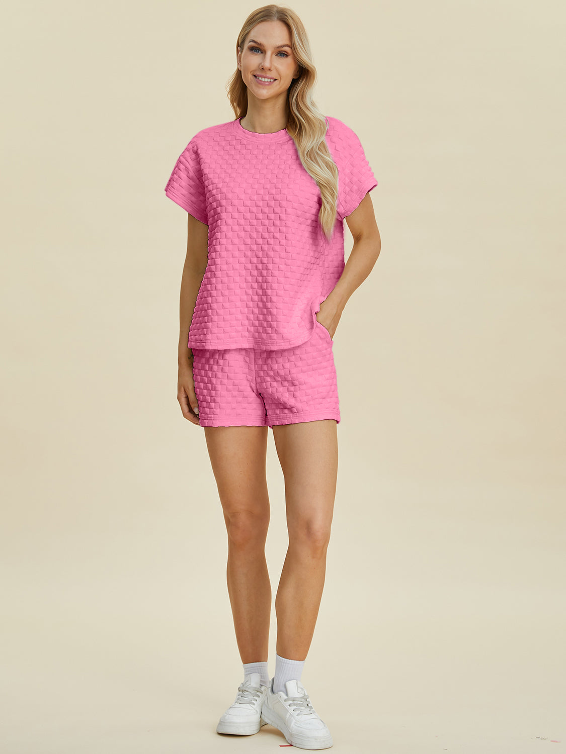 Double Take Full Size Texture T-Shirt and Shorts Set Double Take Full Size Texture T-Shirt and Shorts Set