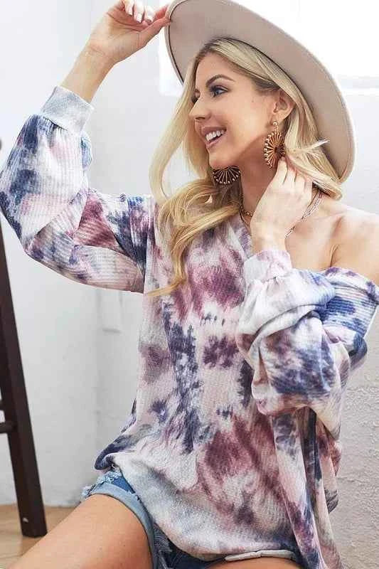 BiBi Tie-Dye V-Neck Long Sleeve Waffle Top BiBi Tie-Dye V-Neck Long Sleeve Waffle Top