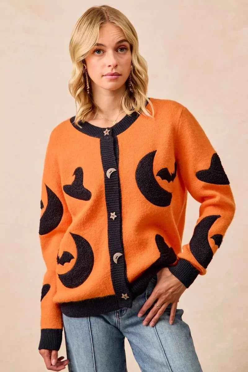 BiBi Halloween Witch Hat Moon Bat Artwork Cardigan BiBi Halloween Witch Hat Moon Bat Artwork Cardigan