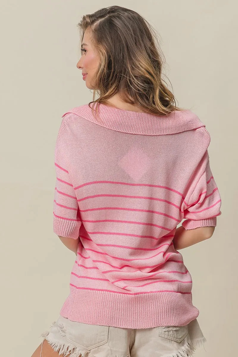 BiBi Stripe Short Sleeves Collared V Neck Top 845e7c7343fa4073812e0a41adfae745-Max-Origin
