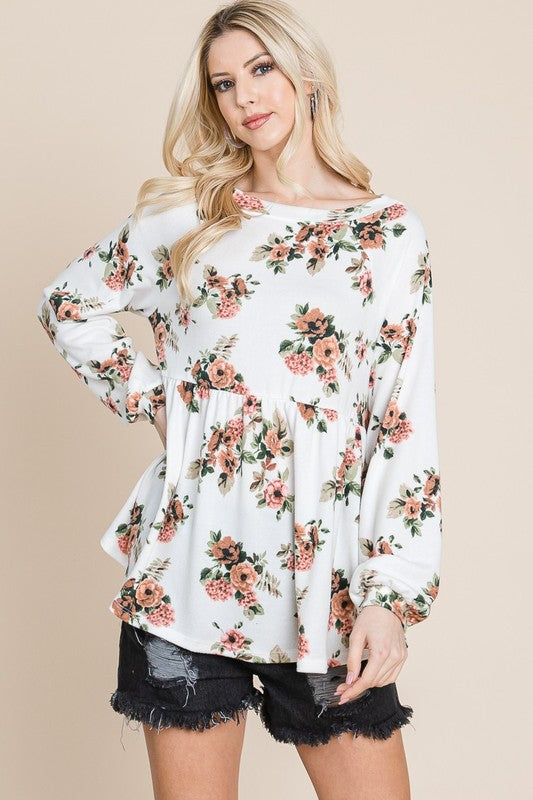 Super Lady Full Size Babydoll Floral Boat Neck Long Sleeve Blouse Super Lady Full Size Babydoll Floral Boat Neck Long Sleeve Blouse