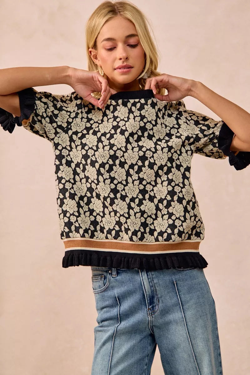 BiBi Textured Rose Knit Top Contrast Banded Puff Sleeve 8477169e-05e4-45ce-a11e-683966fd4240-Max-Origin
