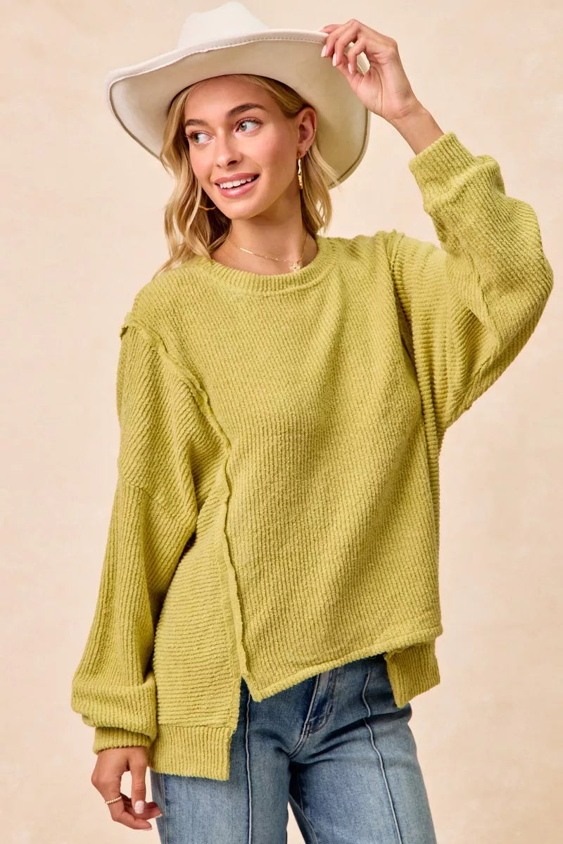 BiBi Boucle Rib Knit Uneven Hem Sweater With Open Seam 847f8d34785e4aa8876ce268fbea33a5-Max-Origin