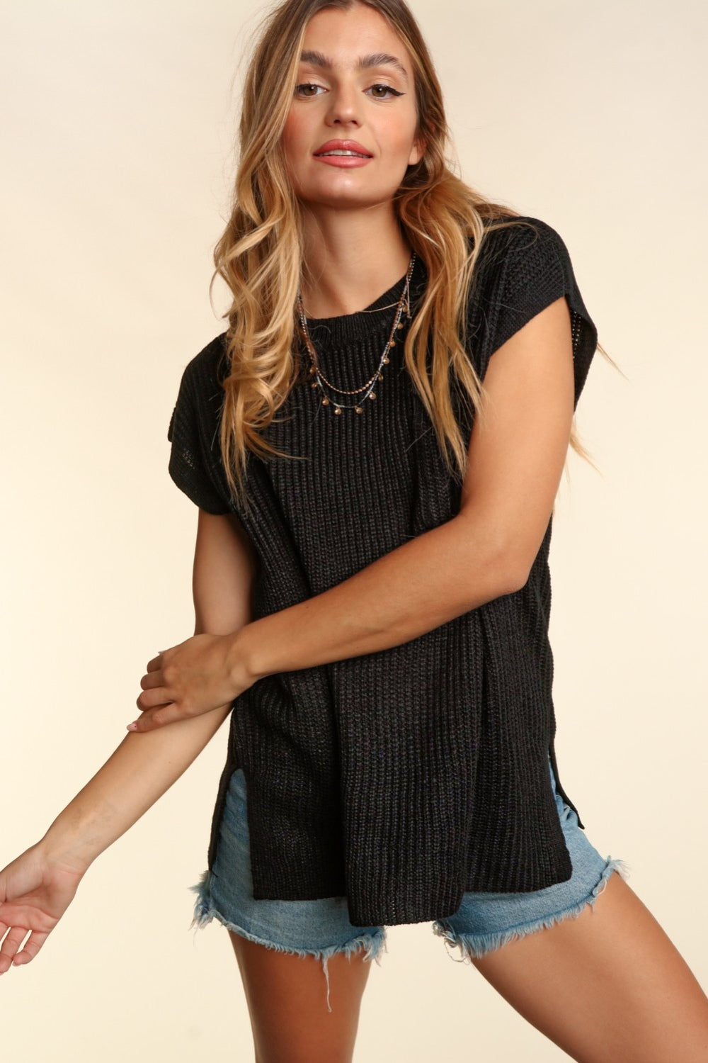 Haptics Pocketed Round Neck Cap Sleeve Knit Top Haptics Pocketed Round Neck Cap Sleeve Knit Top - TopFashionHQ