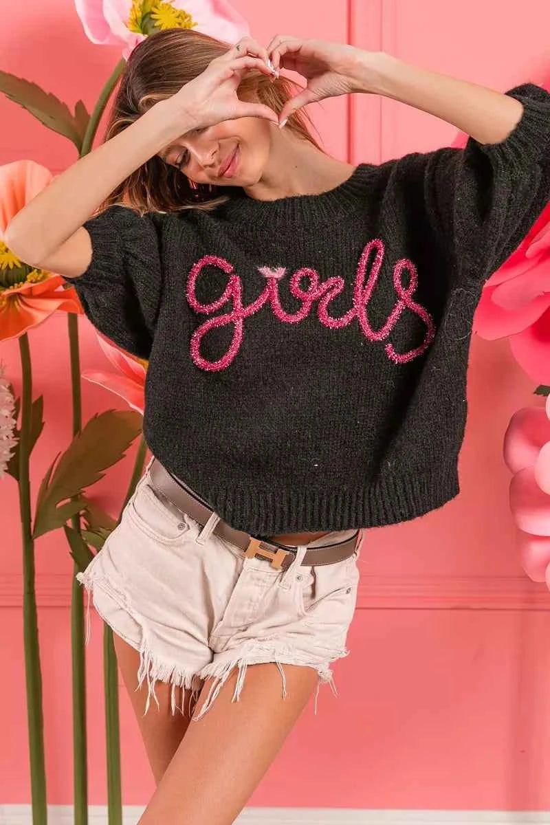 BiBi Metallic Letter Short Puff Sleeve Hairy Sweater BiBi Metallic Letter Short Puff Sleeve Hairy Sweater