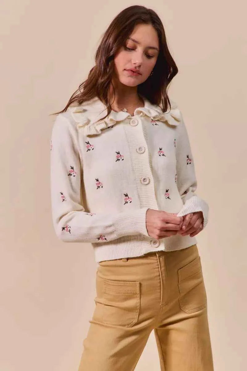 SO ME Collared Floral Embroidered Button Down Sweater Cardigan SO ME Collared Floral Embroidered Button Down Sweater Cardigan