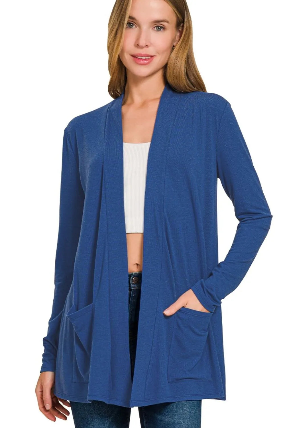 Zenana Slouchy Lightweight Open Front Pocket Cardigan 84b7f230-9956-4f9a-ac79-2556c15ef6e8-Max-Origin