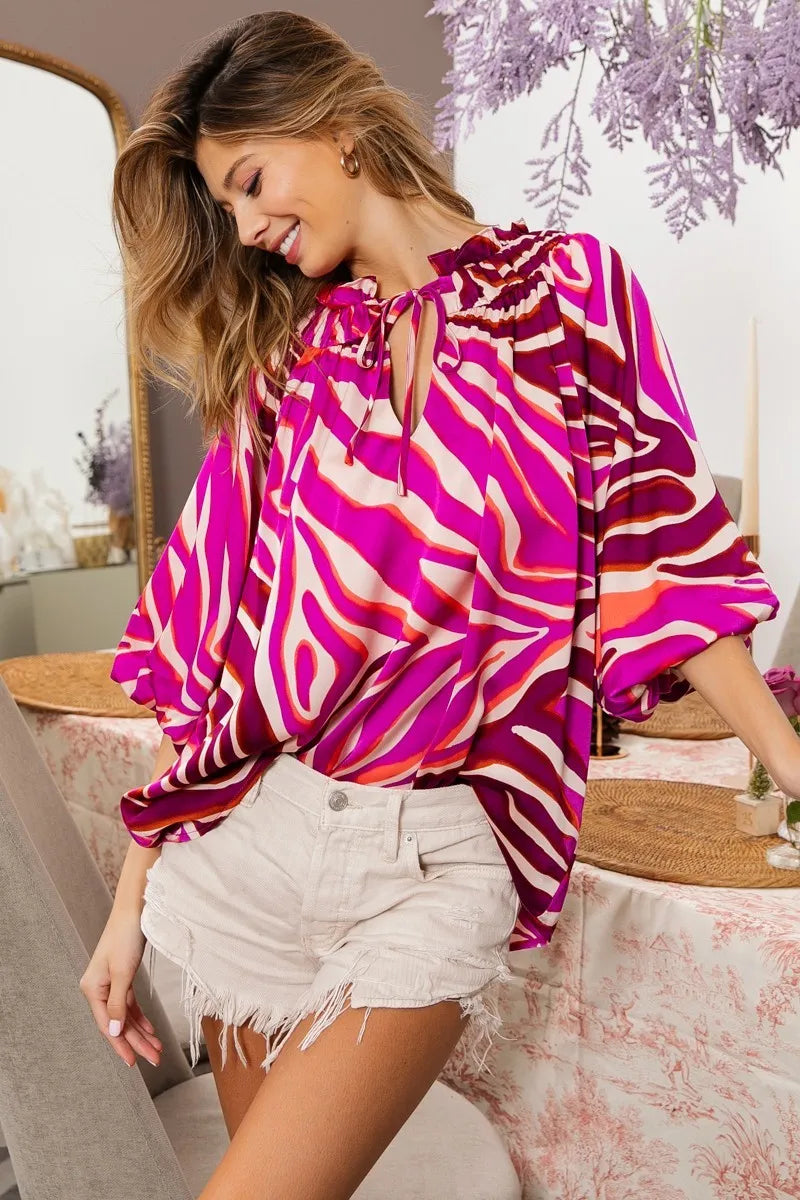 BiBi Tied Neck Half Balloon Sleeve Zebra Satin Top 84be3608889947908452fe13ba9ce5b2-Max-Origin