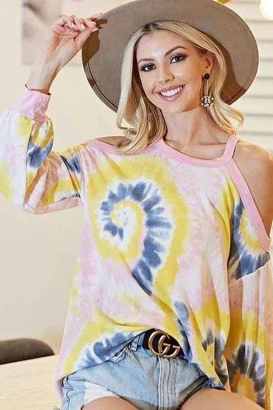 BiBi Tie Dye Print Terry Top with Cold Shoulder Detail BiBi Tie Dye Print Terry Top with Cold Shoulder Detail