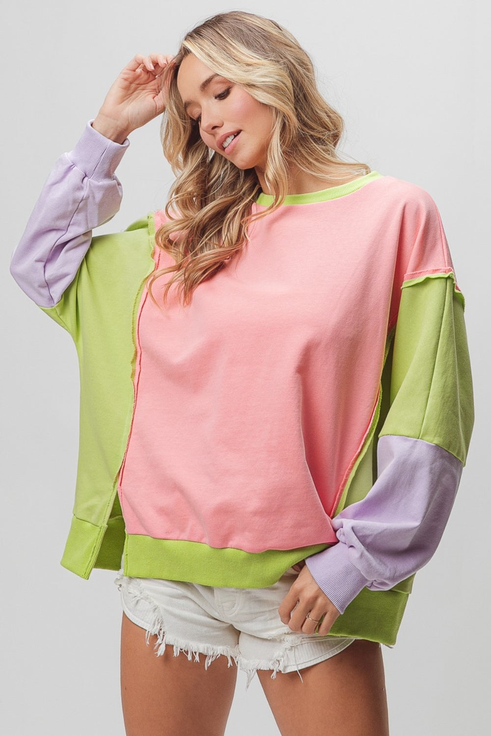 BiBi Washed Color Block Sweatshirt BiBi Washed Color Block Sweatshirt - TopFashionHQ