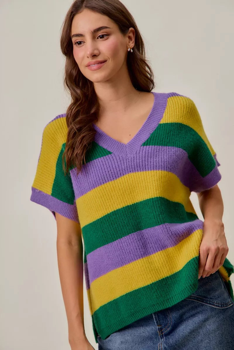 SO ME Mardi Gras Loose Fit V Neck Stripe Sweater Top 84fac7405aa84154acb9b0581786764d-Max-Origin
