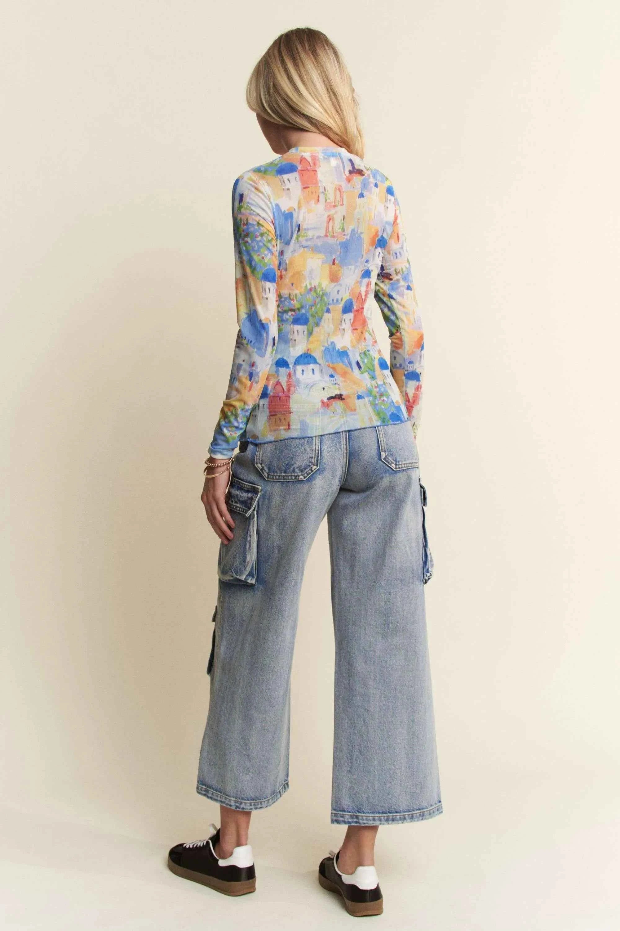 Davi & Dani Multi Printed Mesh Round Neck Long Sleeve Top Davi & Dani Multi Printed Mesh Round Neck Long Sleeve Top