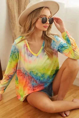 BiBi Tie Dye Long Sleeve V-Neck T-Shirt