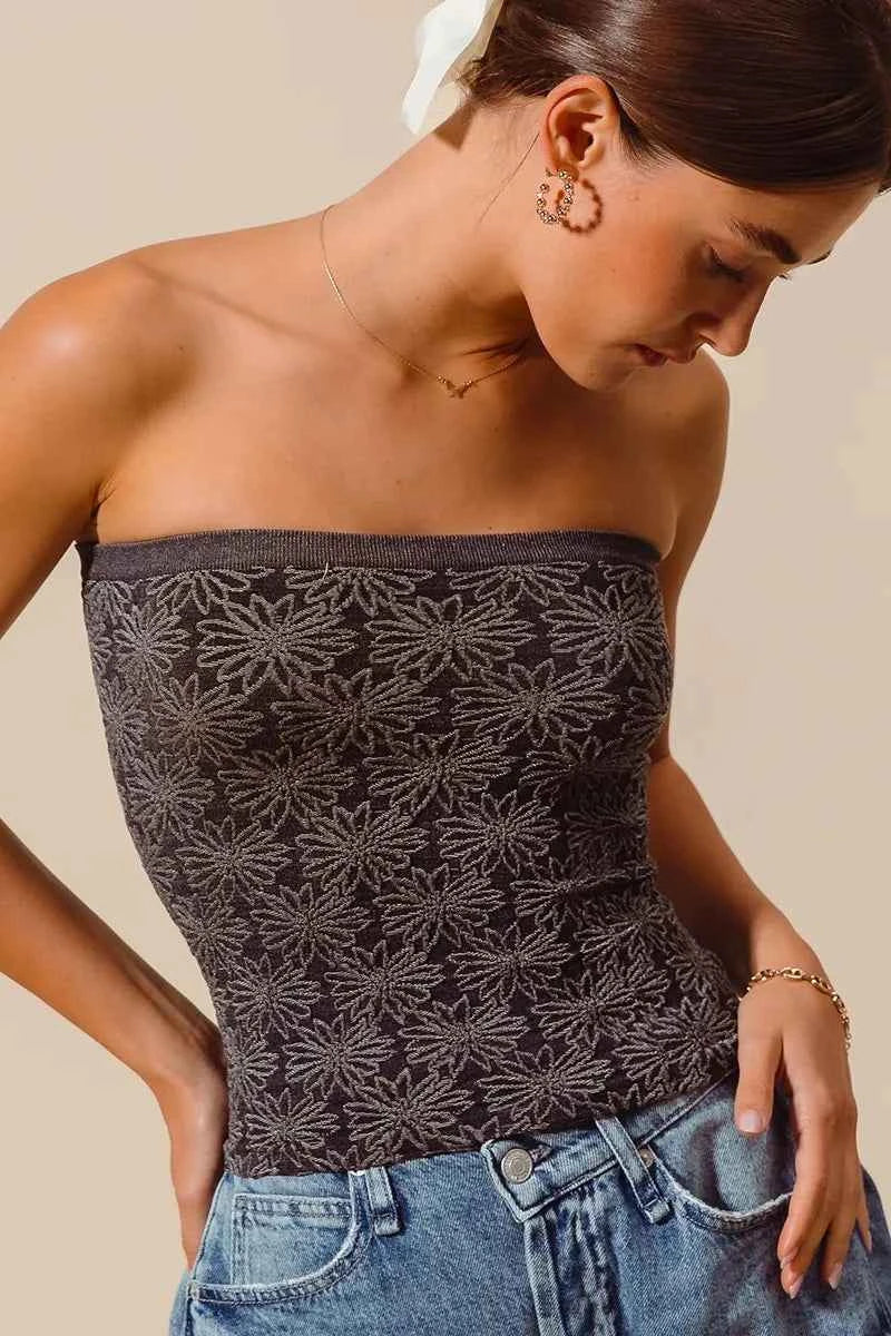 SO ME Jacquard Floral Two Tone Seamless Tube Top SO ME Jacquard Floral Two Tone Seamless Tube Top