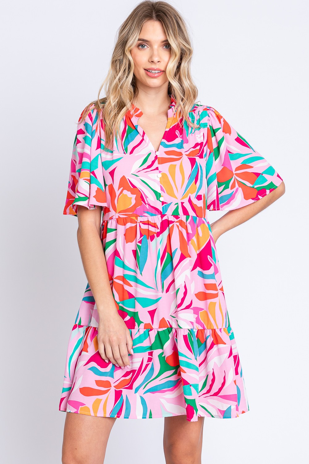 GeeGee Printed Short Sleeve Ruffle Hem Dress GeeGee Printed Short Sleeve Ruffle Hem Dress - TopFashionHQ
