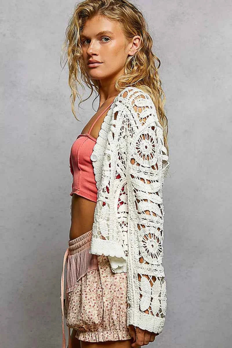 POL Button Down V-Neck Long Sleeve Cropped Crochet Cardigan POL Button Down V-Neck Long Sleeve Cropped Crochet Cardigan