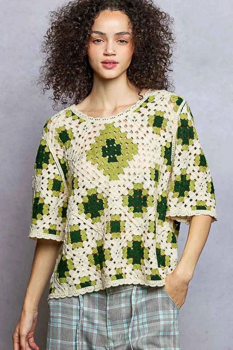 POL Round Neck Short Sleeve Color Pattern Crochet Top with Border Accents POL Round Neck Short Sleeve Color Pattern Crochet Top with Border Accents