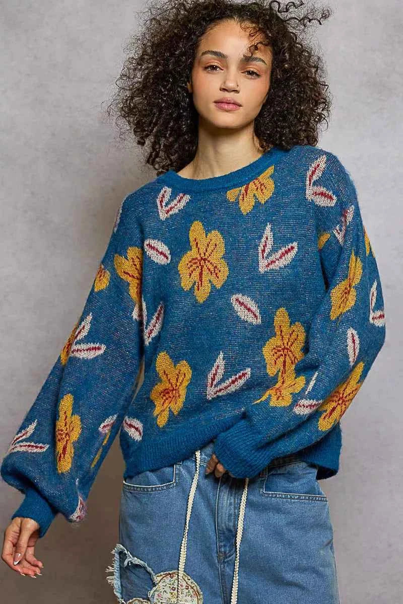 POL Floral Pattern Round Neck Balloon Sleeve Sweater POL Floral Pattern Round Neck Balloon Sleeve Sweater