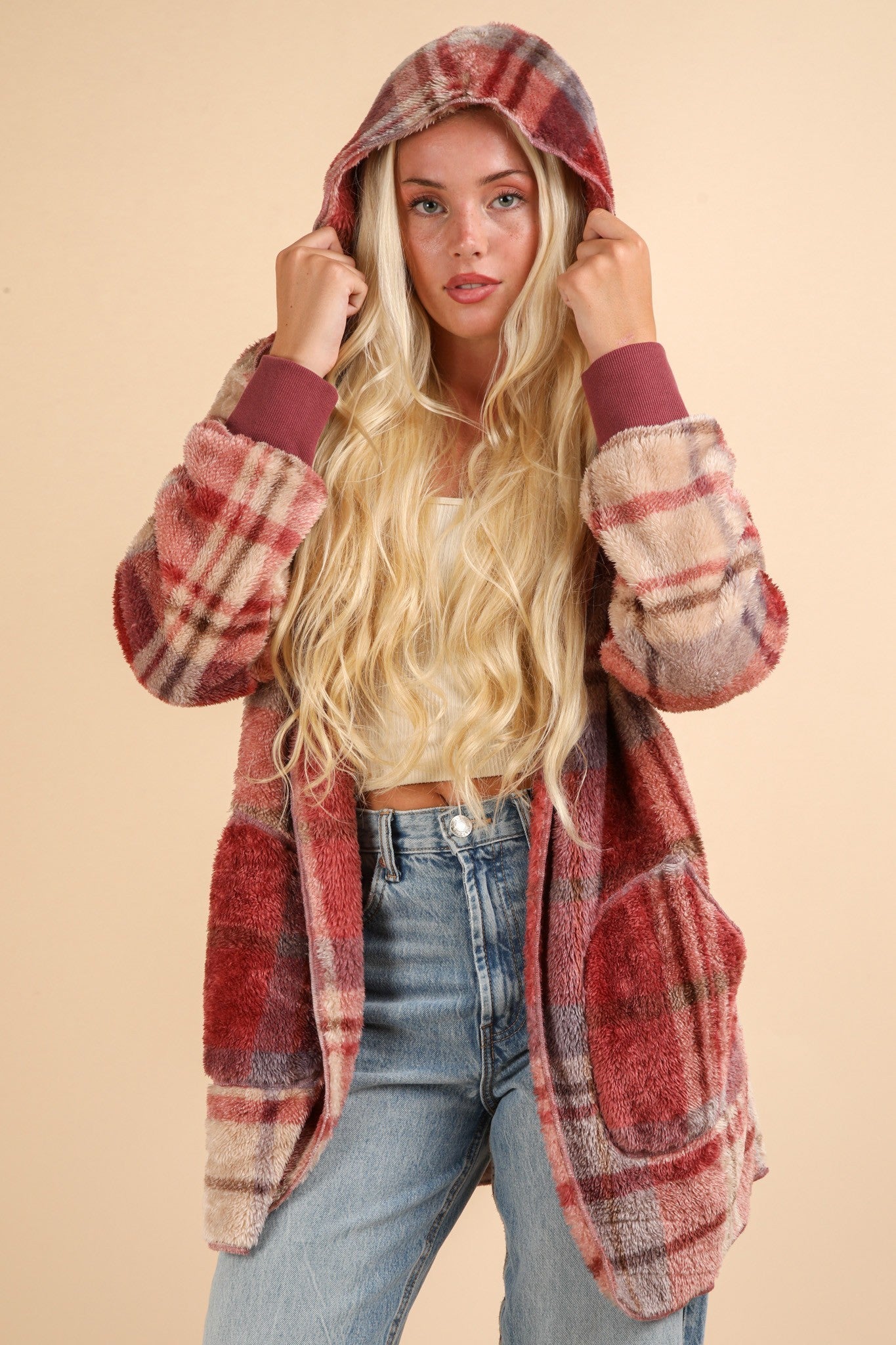 VERY J Fuzzy Plaid Long Sleeve Hooded Jacket VERY J Fuzzy Plaid Long Sleeve Hooded Jacket
