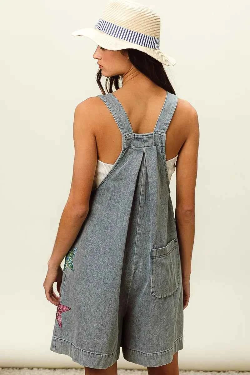 BiBi Star Rhinestone Washed Wide Leg Shortalls BiBi Star Rhinestone Washed Wide Leg Shortalls