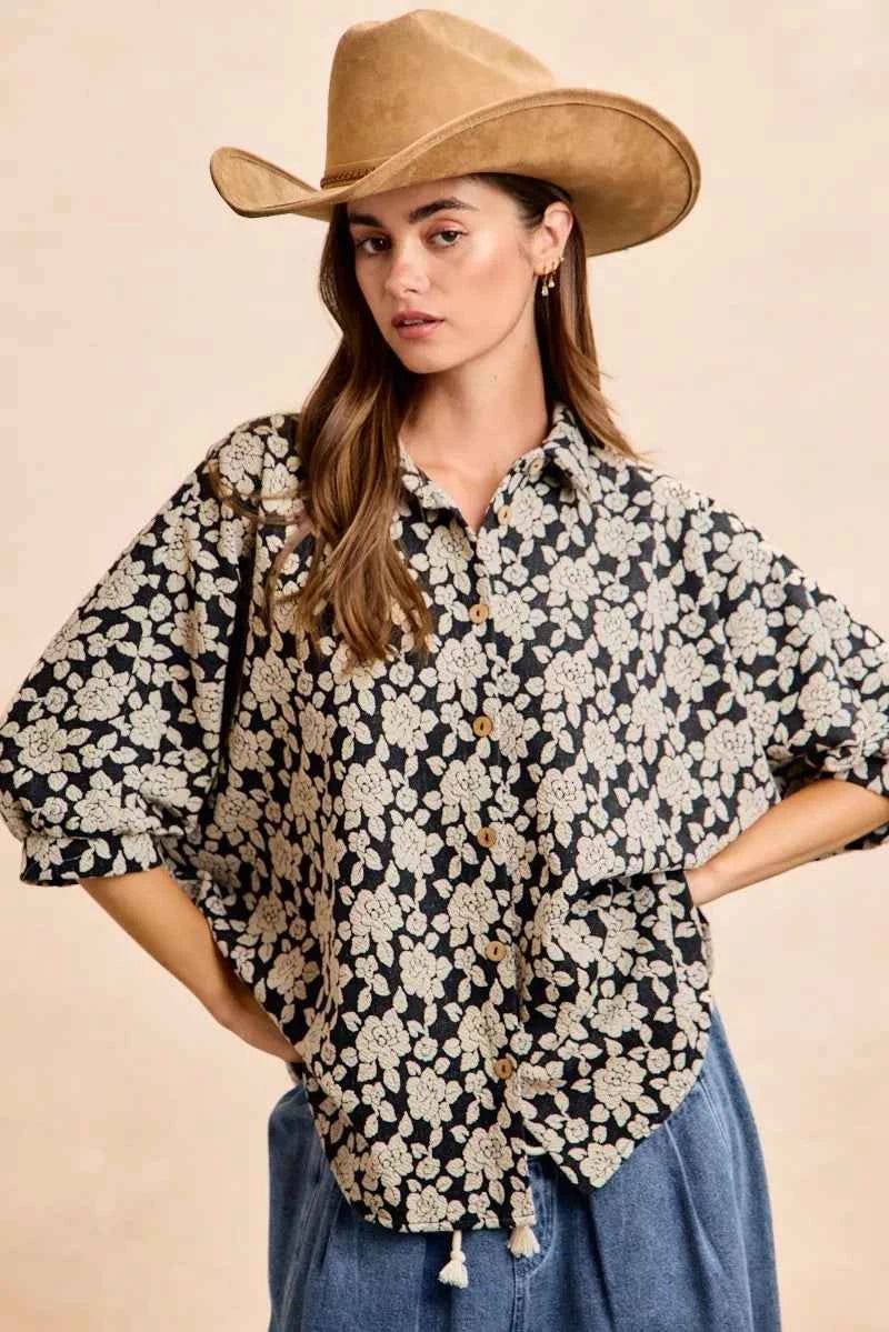 BiBi Floral Jacquard Short Dolman Sleeves Shirt BiBi Floral Jacquard Short Dolman Sleeves Shirt
