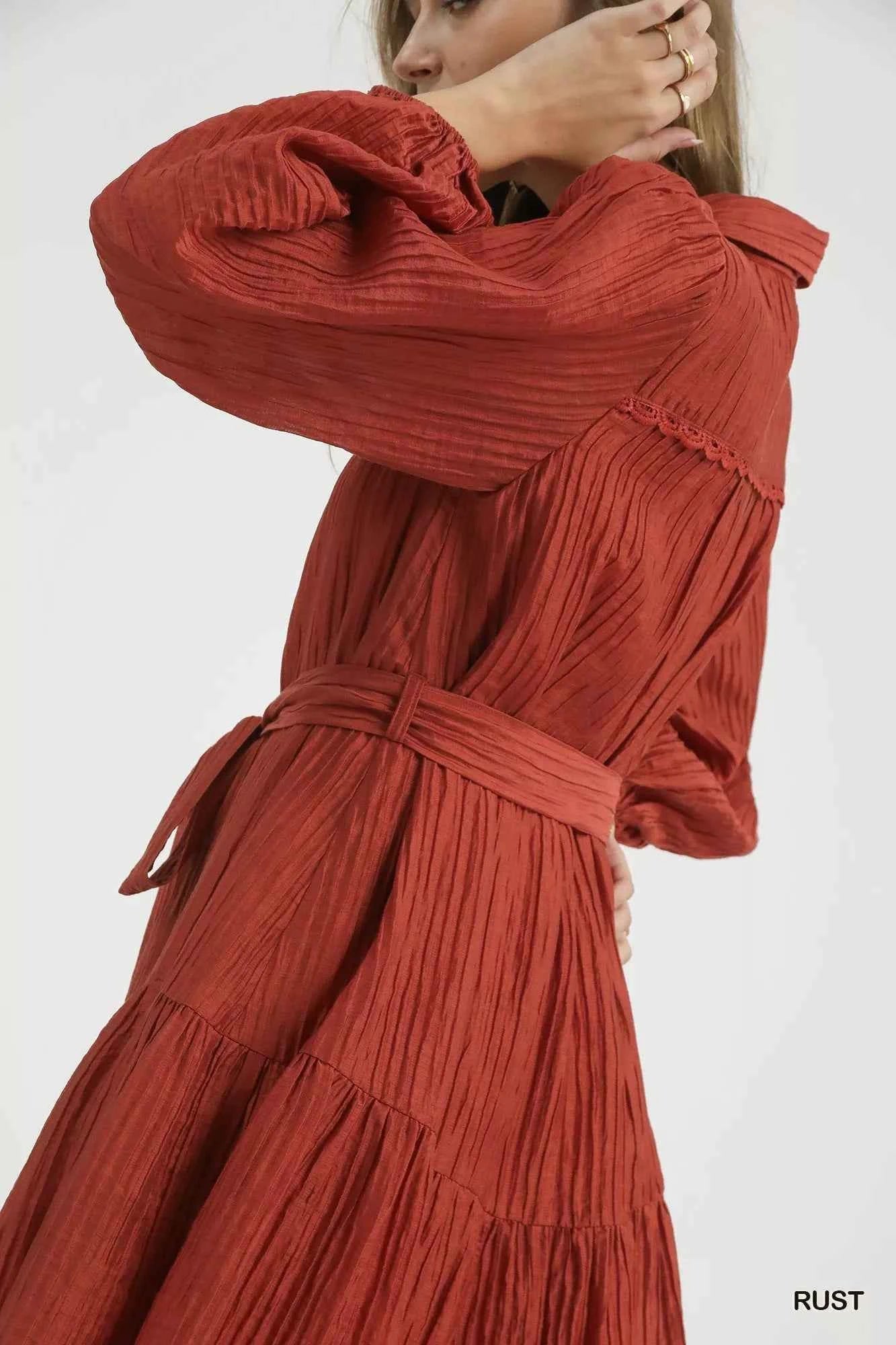 Umgee Crinkle Button-Front Tiered Mini Dress with Waist Tie Umgee Crinkle Button-Front Tiered Mini Dress with Waist Tie