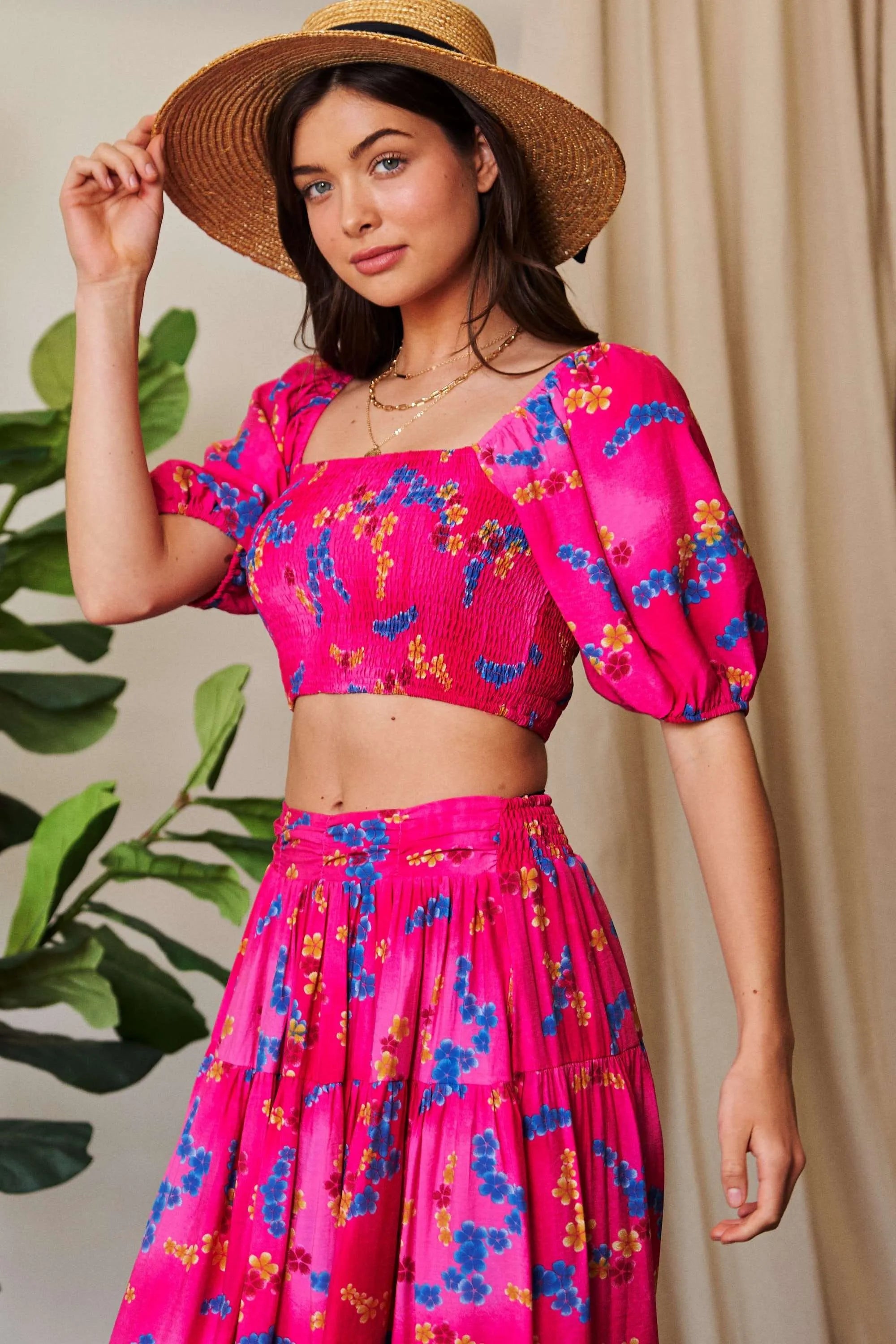 Davi & Dani Smocing Bodice Puff Short Sleeve Printed Crop Top 86275a711fc34634bc4ebfd378f13fb8-Max-Origin