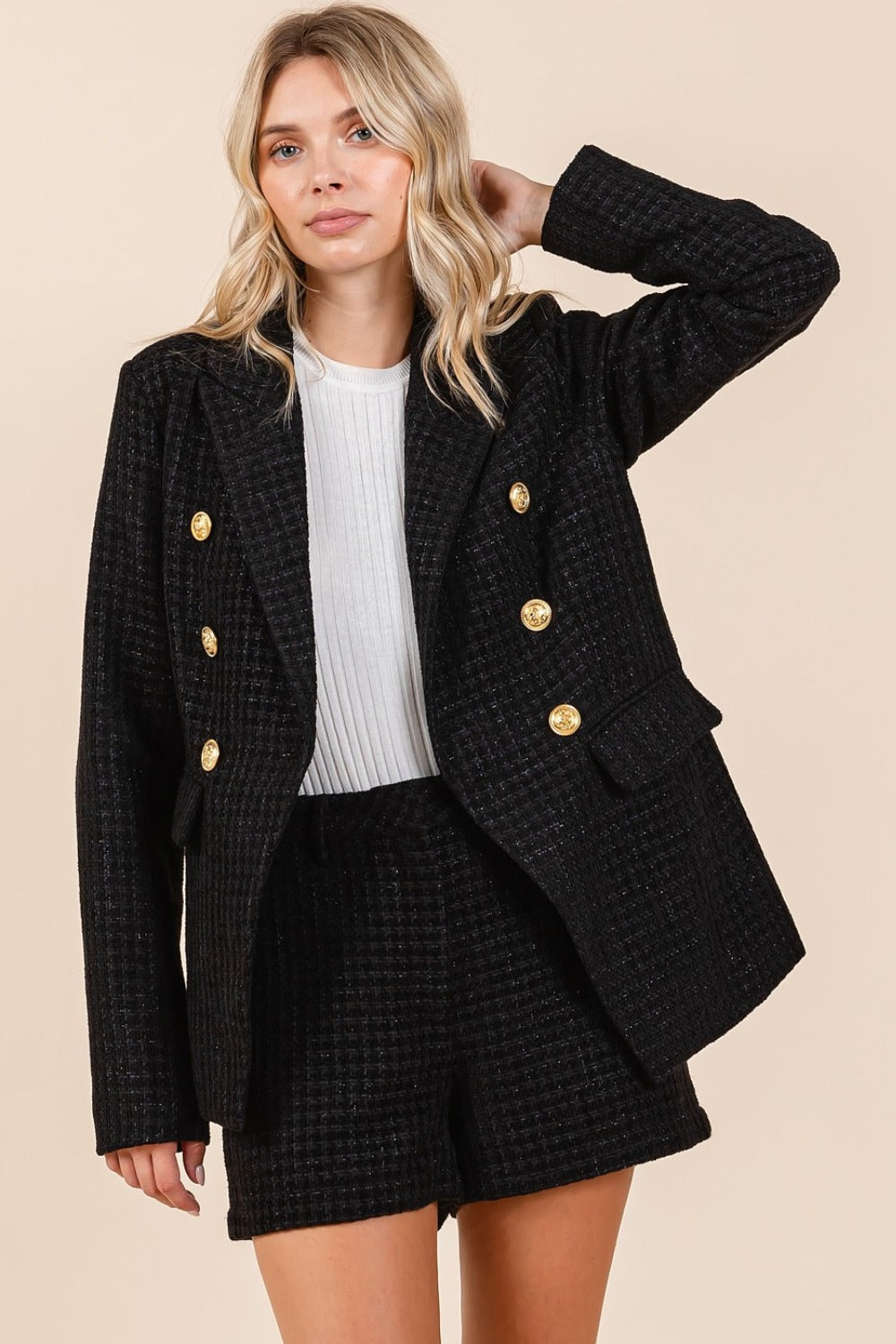 Mittoshop Plaid Texture Double-Breasted Long Sleeve Blazer Mittoshop Plaid Texture Double-Breasted Long Sleeve Blazer