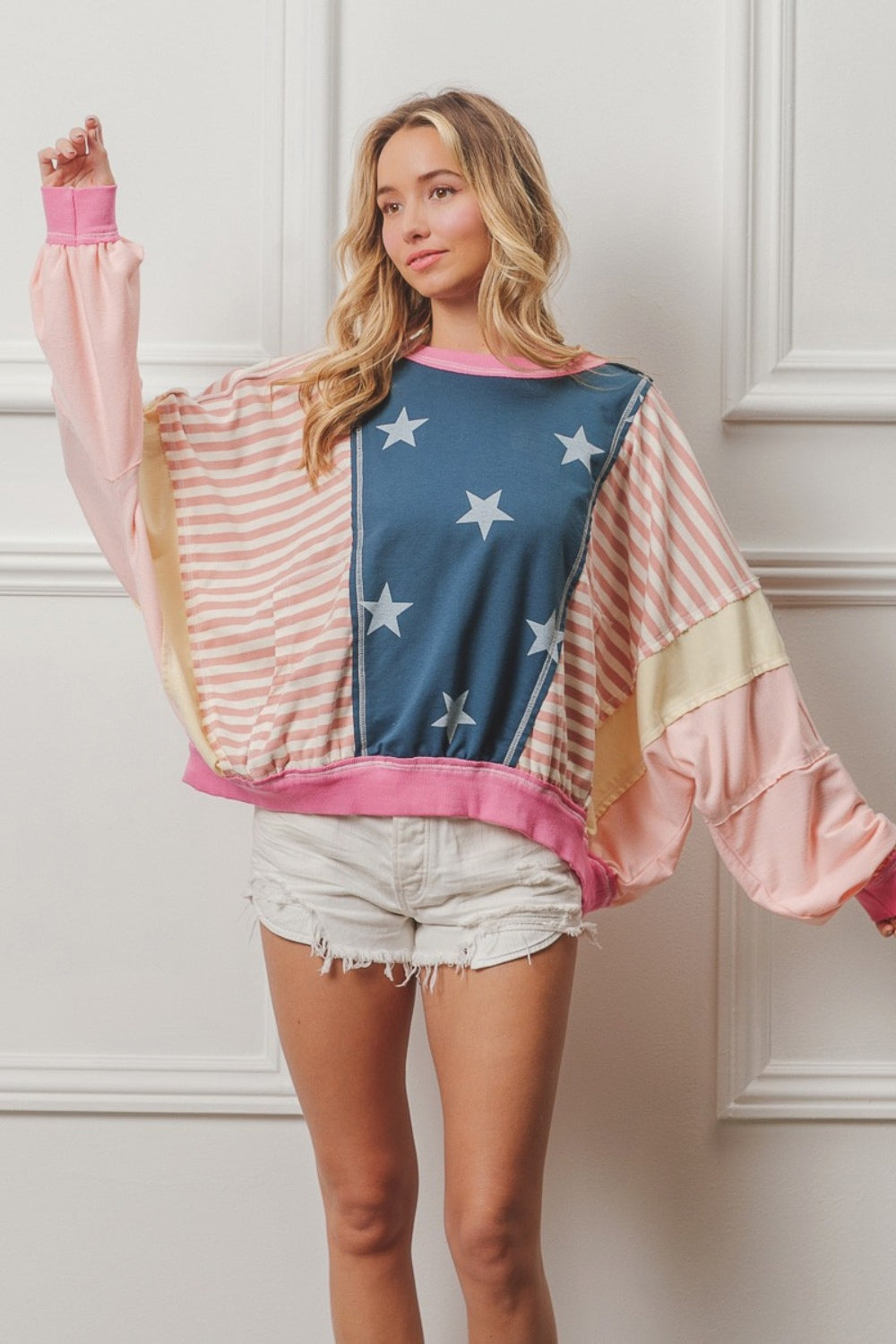 BiBi Stars and Stripes Round Neck Long Sleeve Top BiBi Stars and Stripes Round Neck Long Sleeve Top - TopFashionHQ