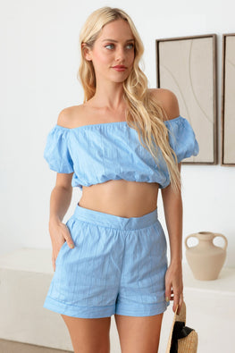 LE LIS COLLECTION Off Shoulder Crop Top and High Waist Shorts Set - TopFashionHQ