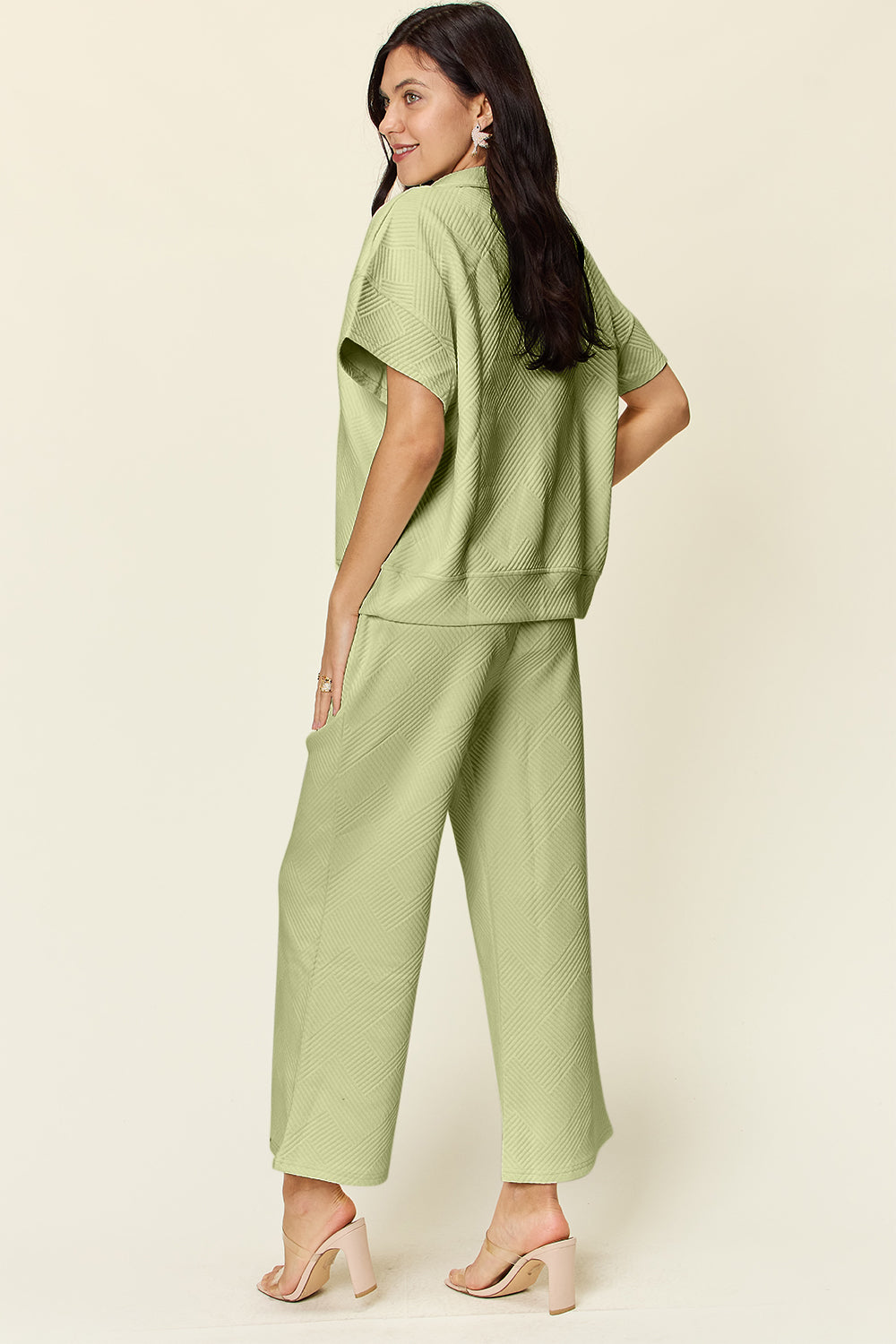 Double Take Full Size Texture Half Zip Short Sleeve Top and Pants Set Double Take Full Size Texture Half Zip Short Sleeve Top and Pants Set