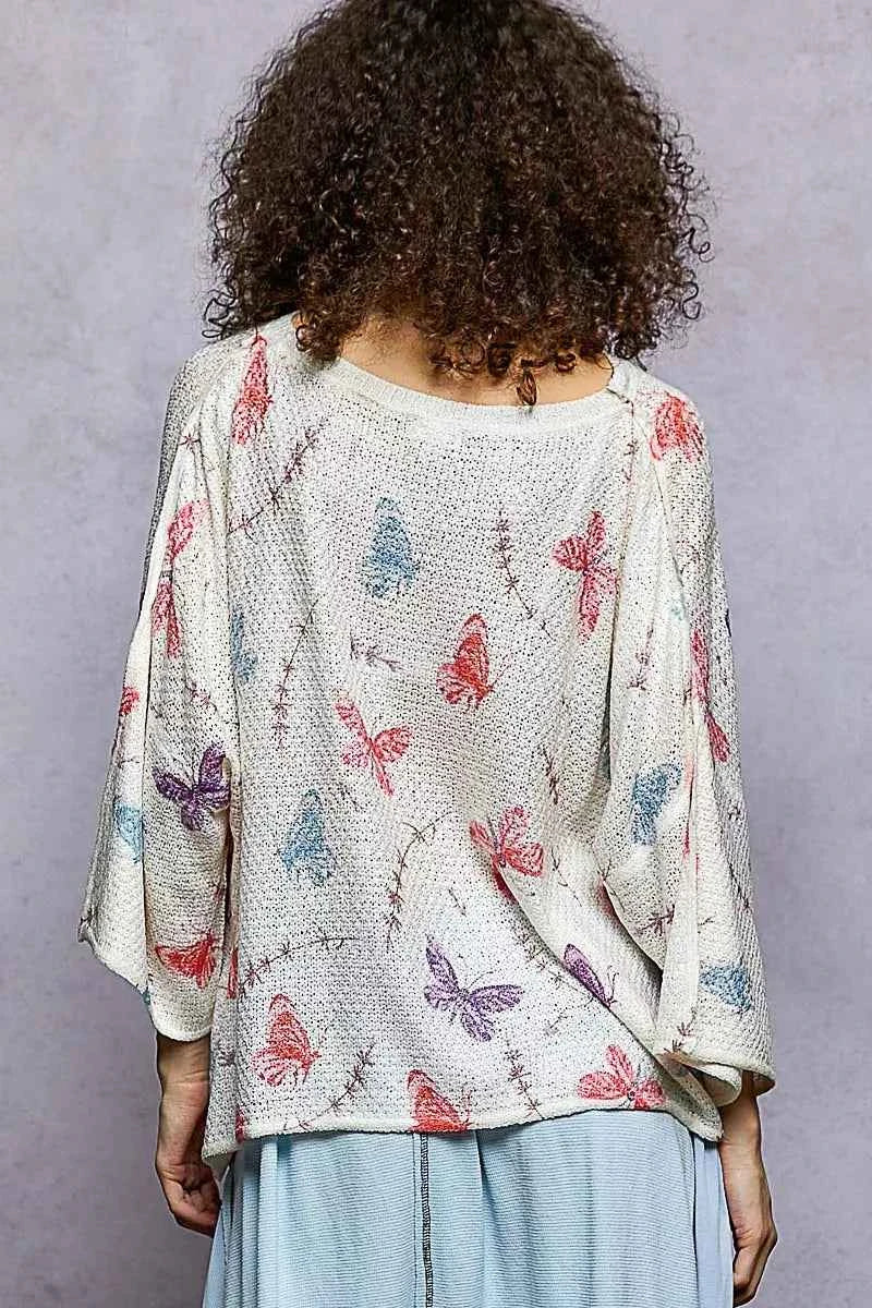POL Butterflies Pattern Round Neck knit Top with Outseam Rolling Edge POL Butterflies Pattern Round Neck knit Top with Outseam Rolling Edge