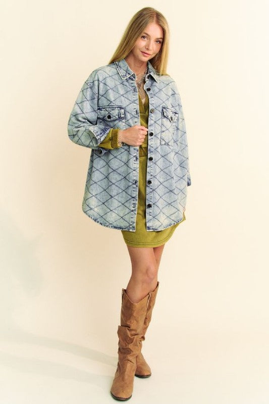 Davi & Dani Curved Hem Diamond Quilted Button Up Denim Shacket Davi & Dani Curved Hem Diamond Quilted Button Up Denim Shacket