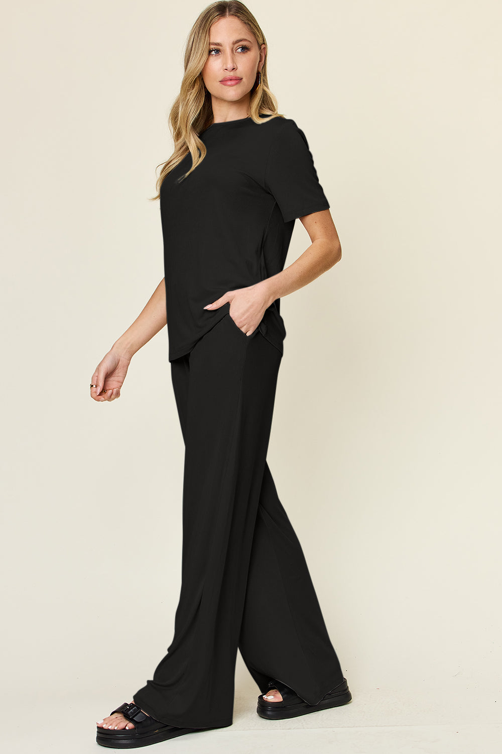 Double Take Full Size Round Neck Short Sleeve T-Shirt and Wide Leg Pants Set Double Take Full Size Round Neck Short Sleeve T-Shirt and Wide Leg Pants Set