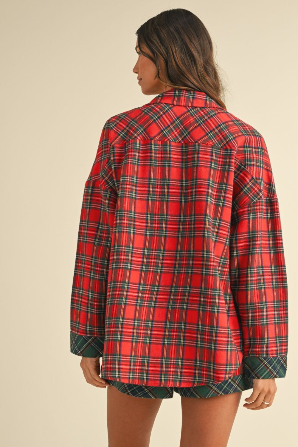 Annie Wear Contrast Plaid Long Sleeve Top and Shorts Set Annie Wear Contrast Plaid Long Sleeve Top and Shorts Set