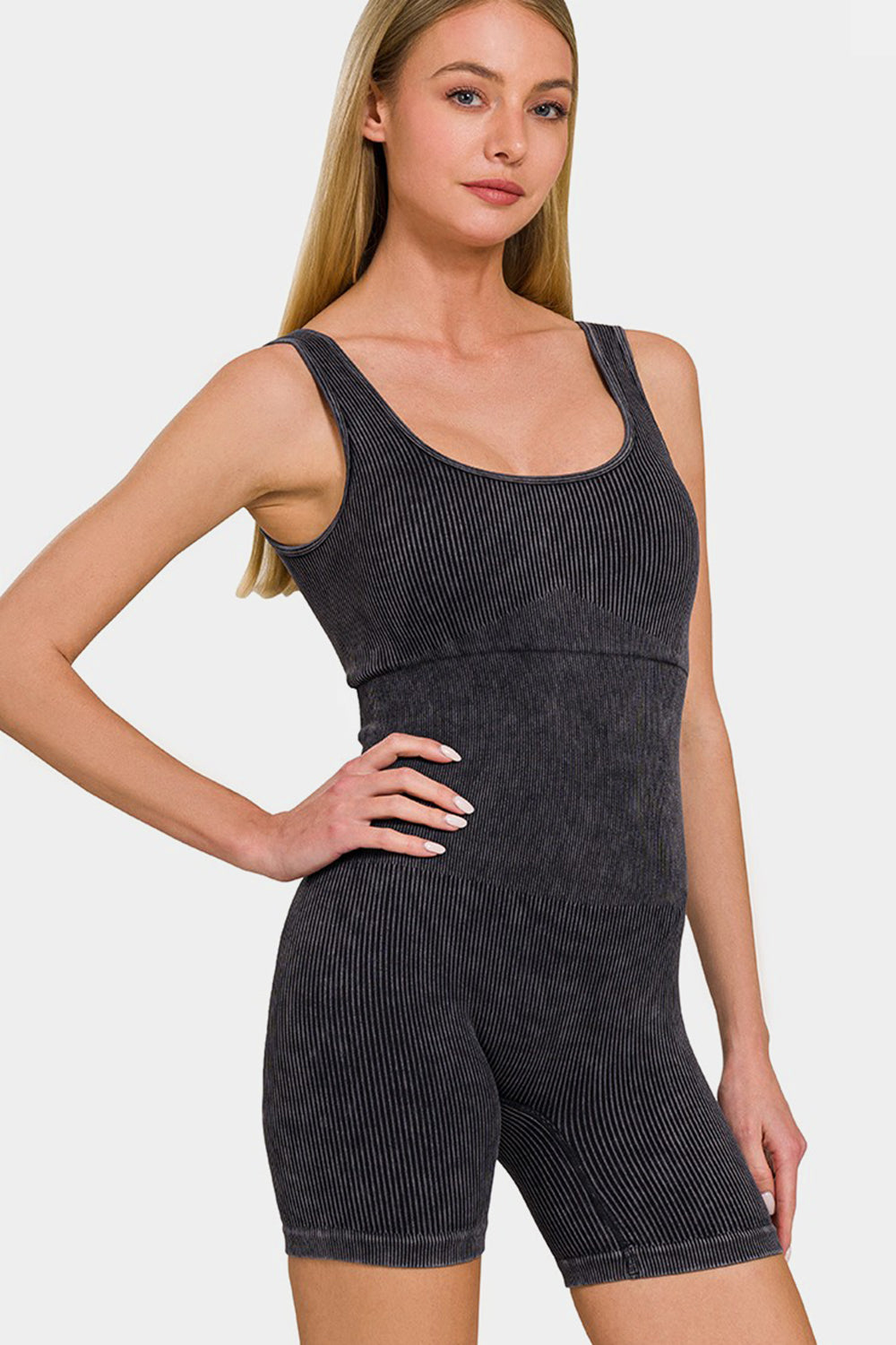 Zenana Washed Ribbed Romper with Pad Zenana Washed Ribbed Romper with Pad - TopFashionHQ