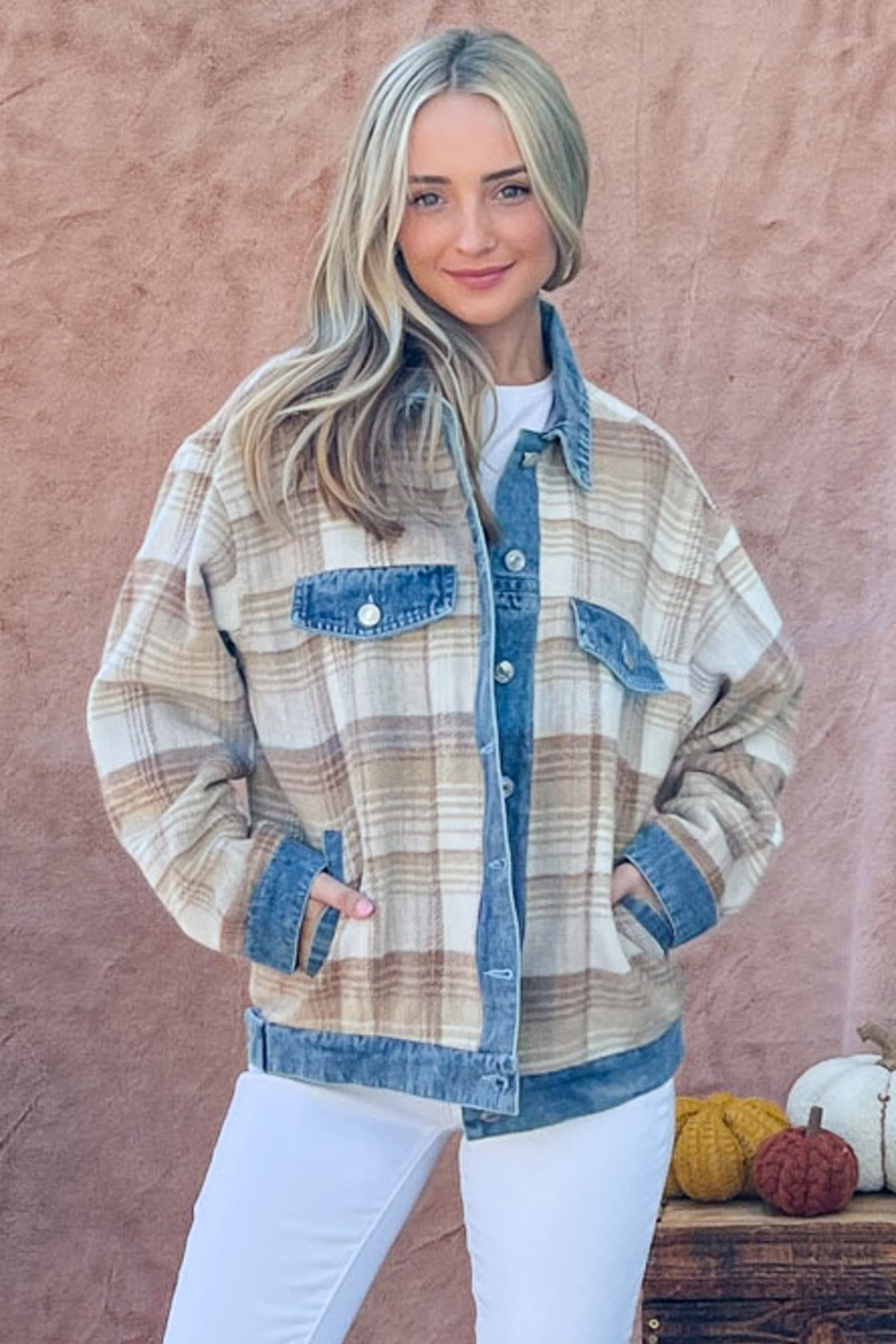 And The Why Full Size Washed Denim Detail Brushed Plaid Jacket And The Why Full Size Washed Denim Detail Brushed Plaid Jacket - TopFashionHQ