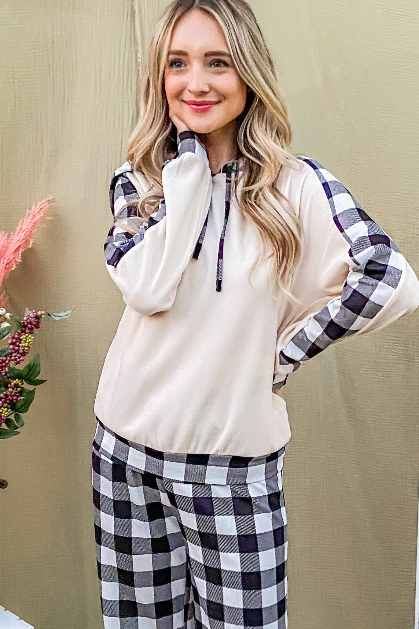 And The Why Drawstring Hooded Top and Plaid Pants Lounge Set And The Why Drawstring Hooded Top and Plaid Pants Lounge Set