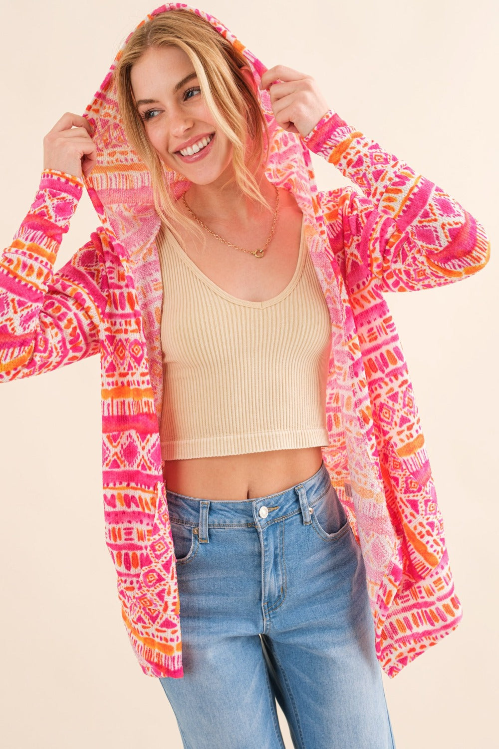 And The Why Full Size Printed Thermal Hooded Open Front Cardigan And The Why Full Size Printed Thermal Hooded Open Front Cardigan