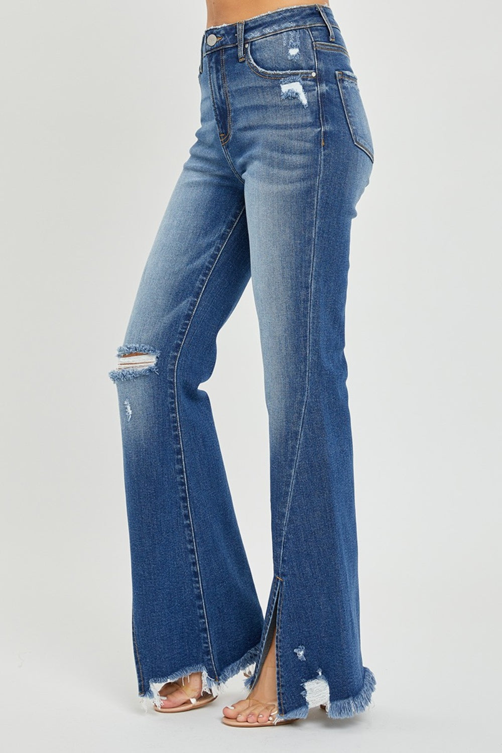 RISEN Full Size High Rise Front Slit Frayed Hem Flare Jeans RISEN Full Size High Rise Front Slit Frayed Hem Flare Jeans - TopFashionHQ