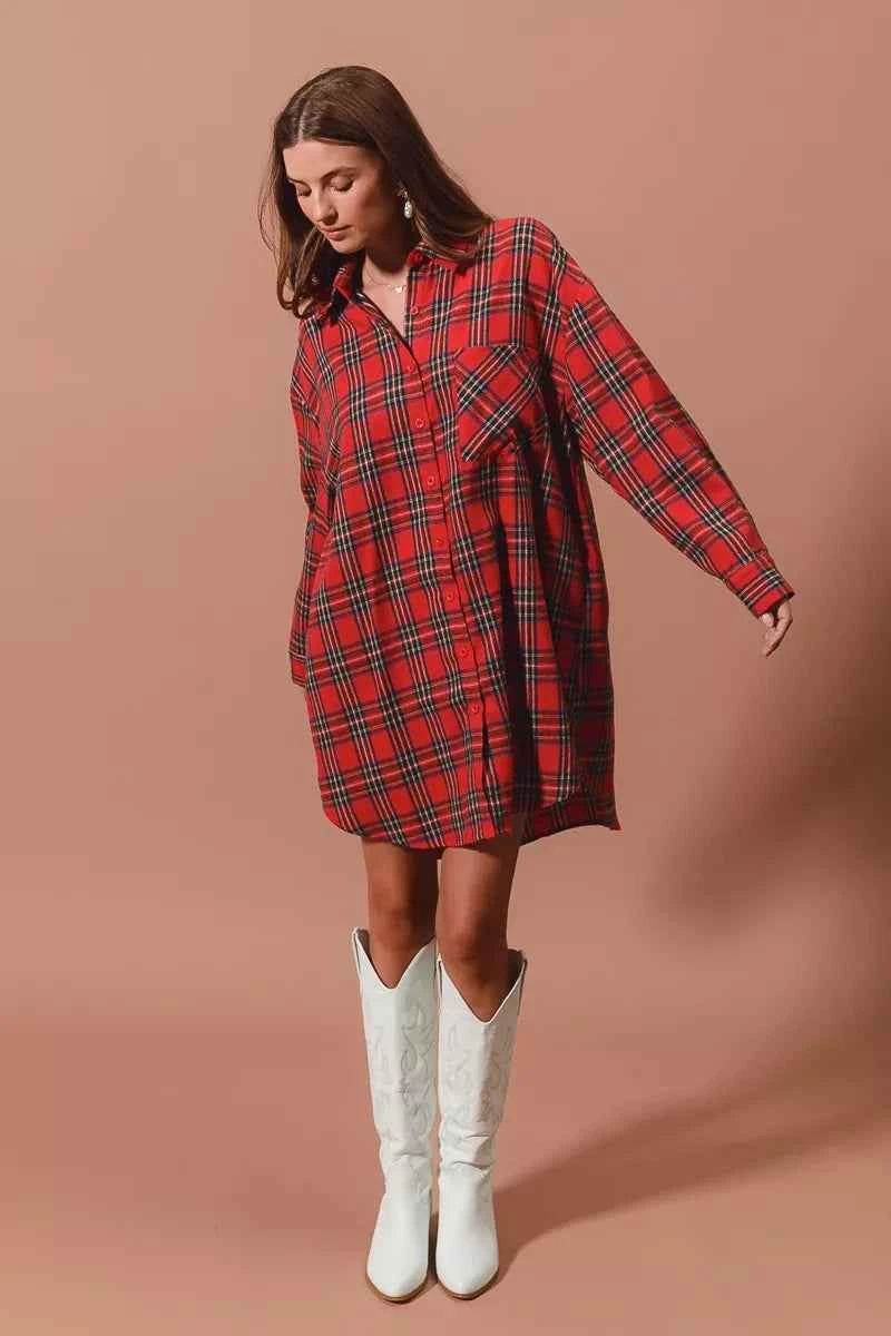 SO ME Christmas Checker Plaid Button Up Shirt Dress SO ME Christmas Checker Plaid Button Up Shirt Dress
