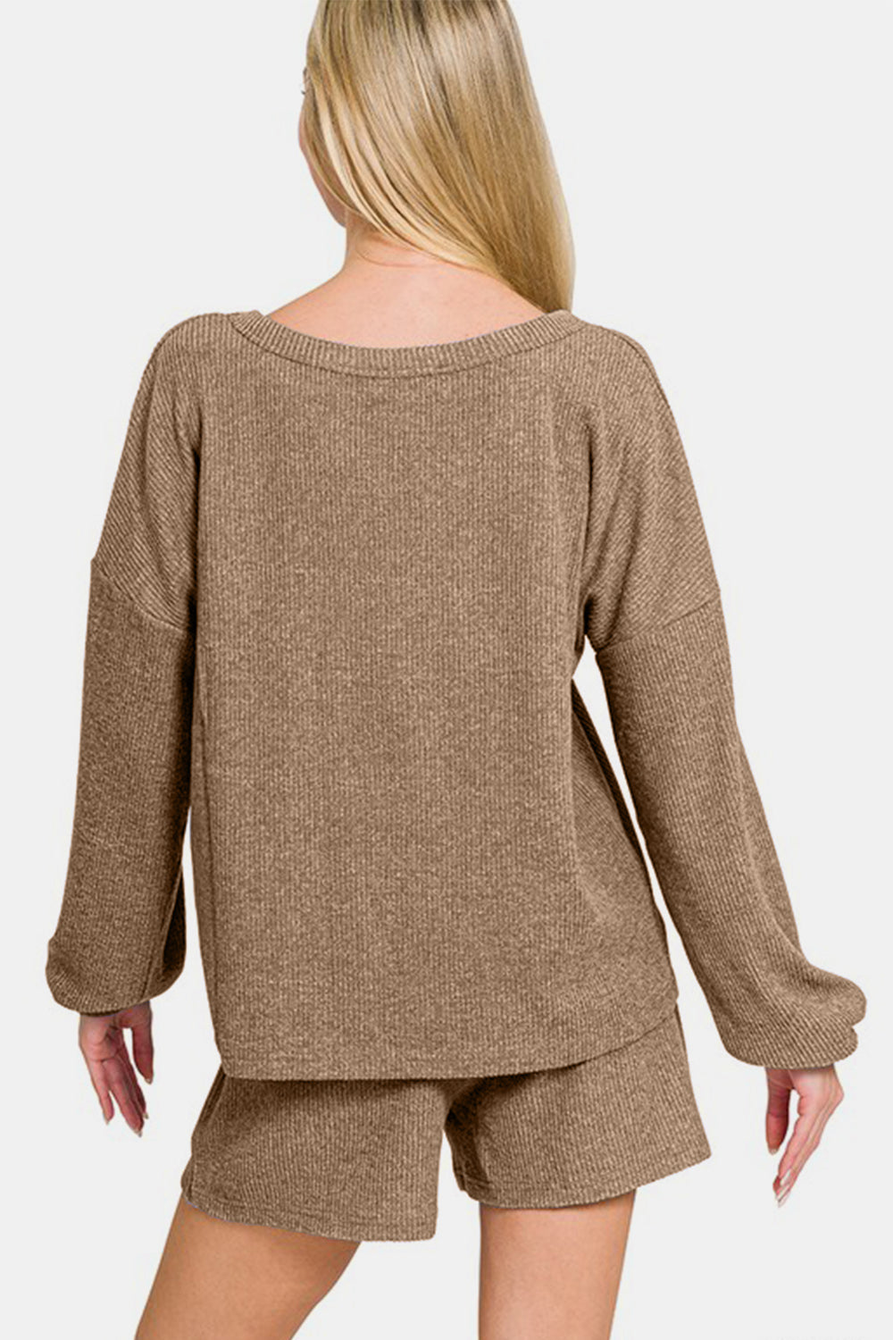Zenana V-Neck Long Sleeve Ribbed Top and Shorts Set Zenana V-Neck Long Sleeve Ribbed Top and Shorts Set - TopFashionHQ