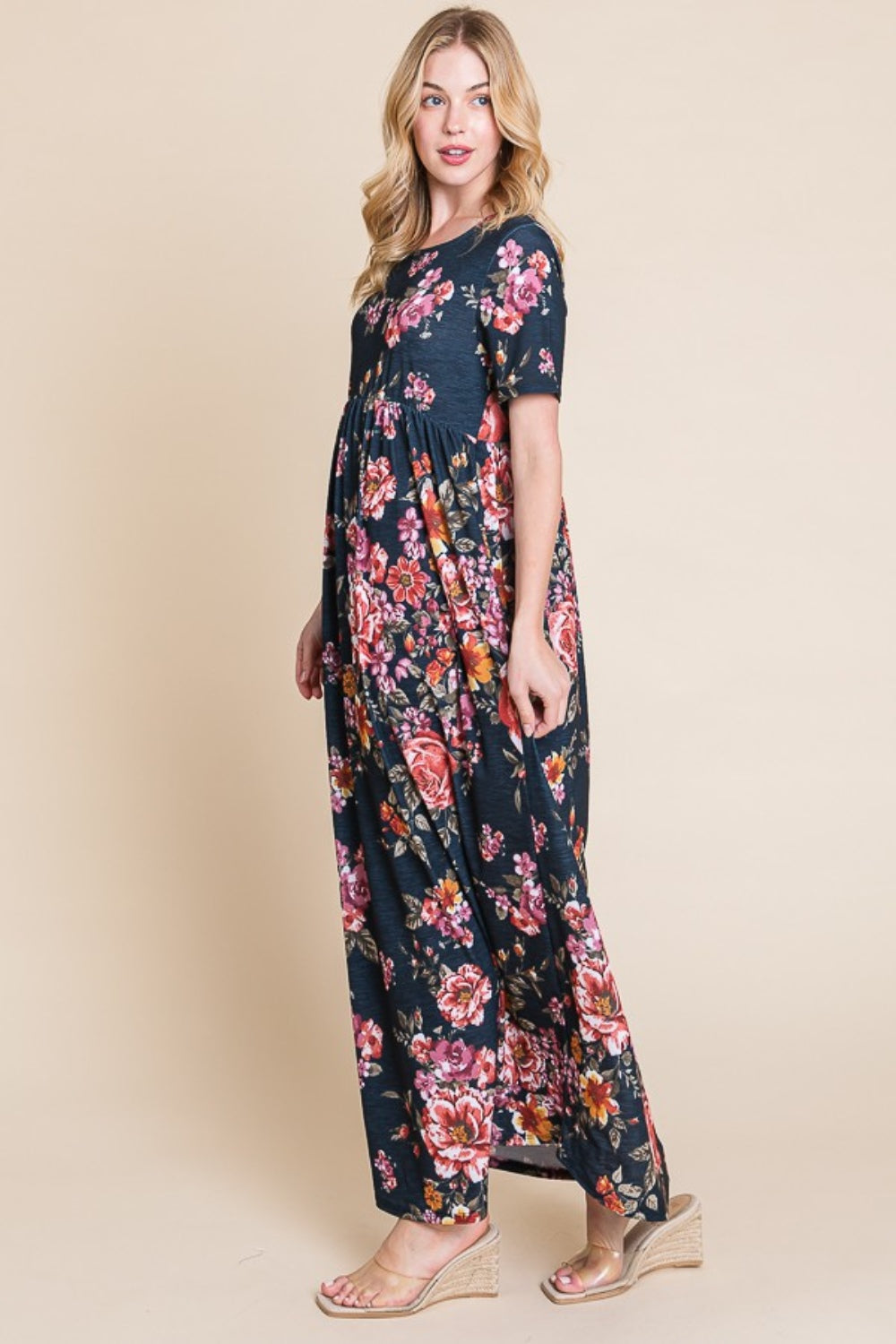 BOMBOM Floral Short Sleeve Maxi Dress BOMBOM Floral Short Sleeve Maxi Dress - TopFashionHQ