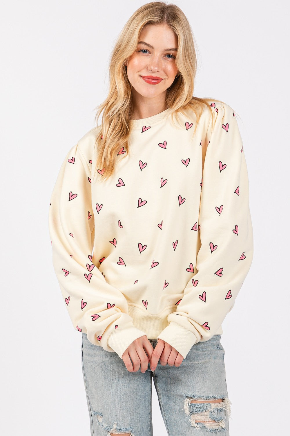 SAGE + FIG Heart Printed Contrast Long Sleeve Sweatshirt SAGE + FIG Heart Printed Contrast Long Sleeve Sweatshirt