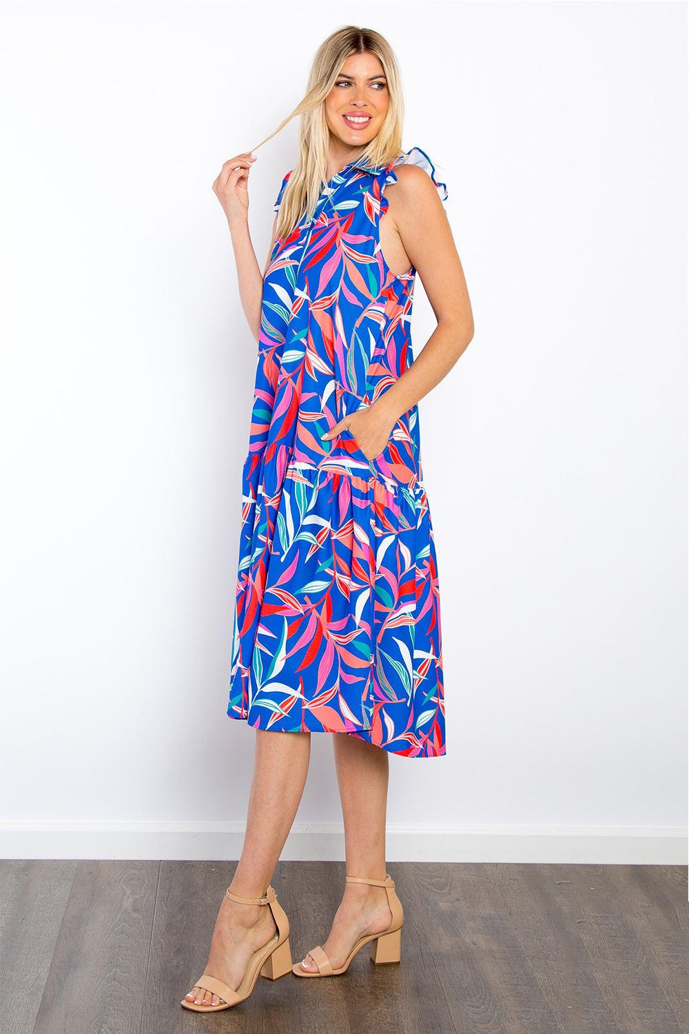 Be Stage Print Ruffled Midi Dress with Pockets Be Stage Print Ruffled Midi Dress with Pockets - TopFashionHQ