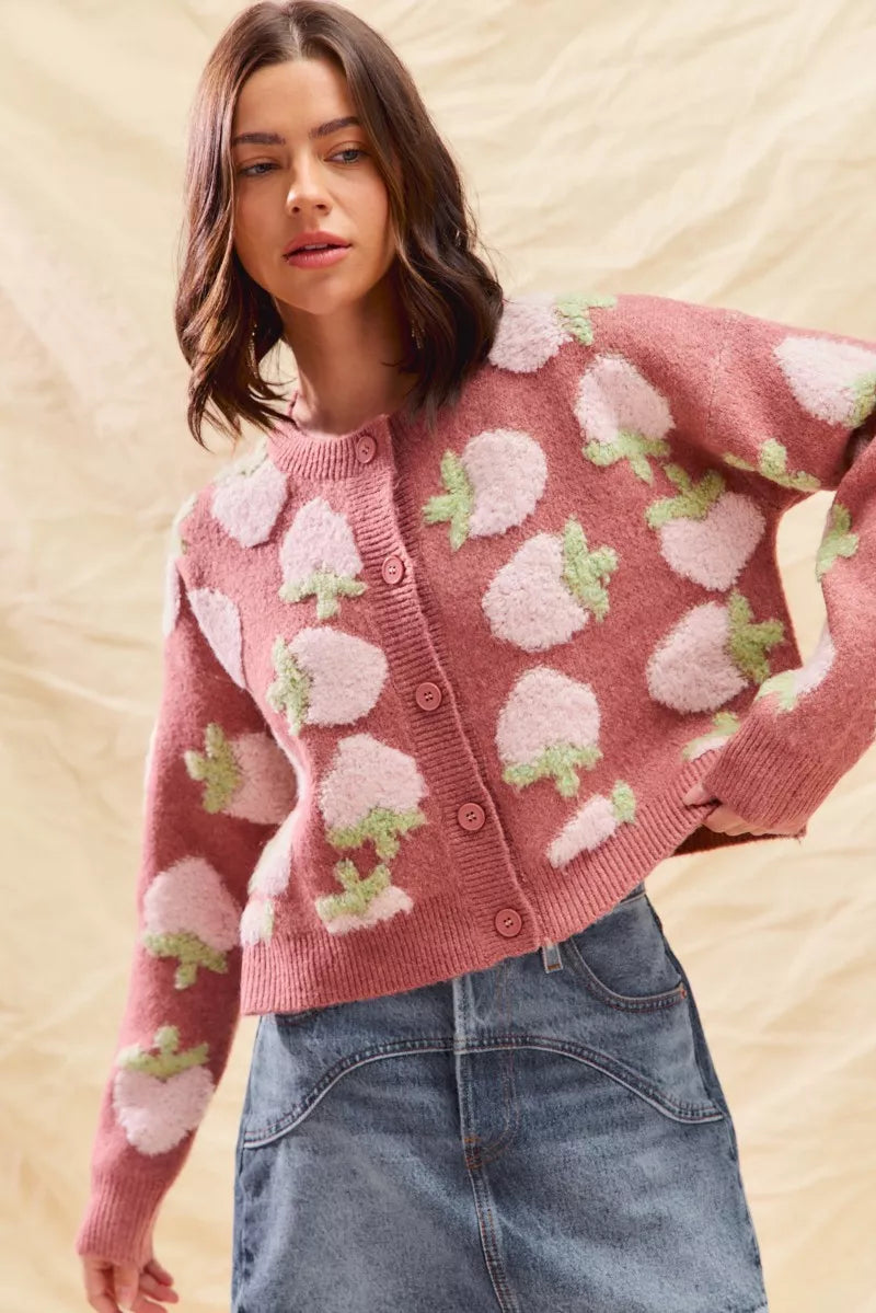 SO ME Strawberry Fruit All Over Button Sweater Cardigan 884d85441af94d06b8d20052cc3477af-Max-Origin
